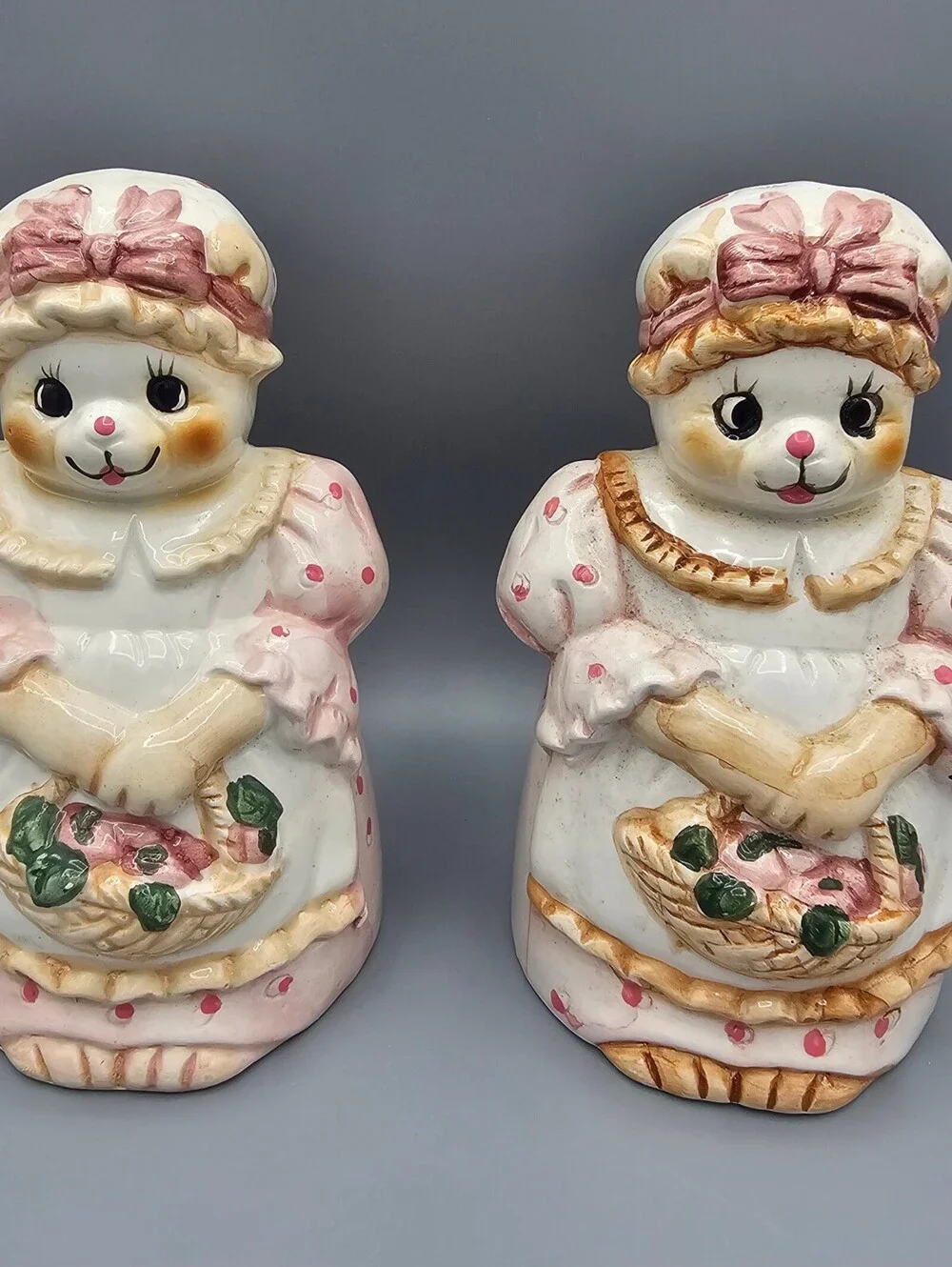 Vintage Ceramic Bear Salt and Pepper Shakers with Floral Basket Design
